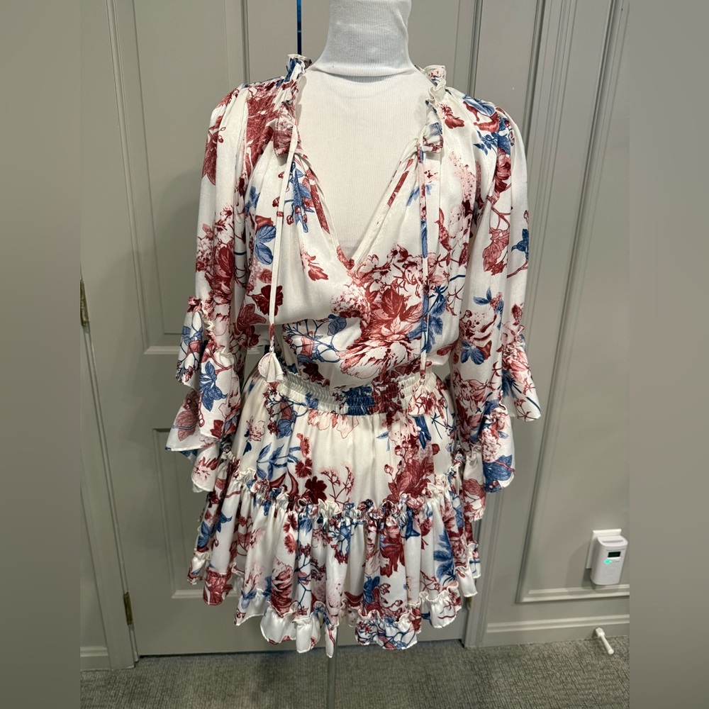 Misa Los Angeles White Floral Ruffle Mini Dress with Pink & Blue - Picture 2 of 5